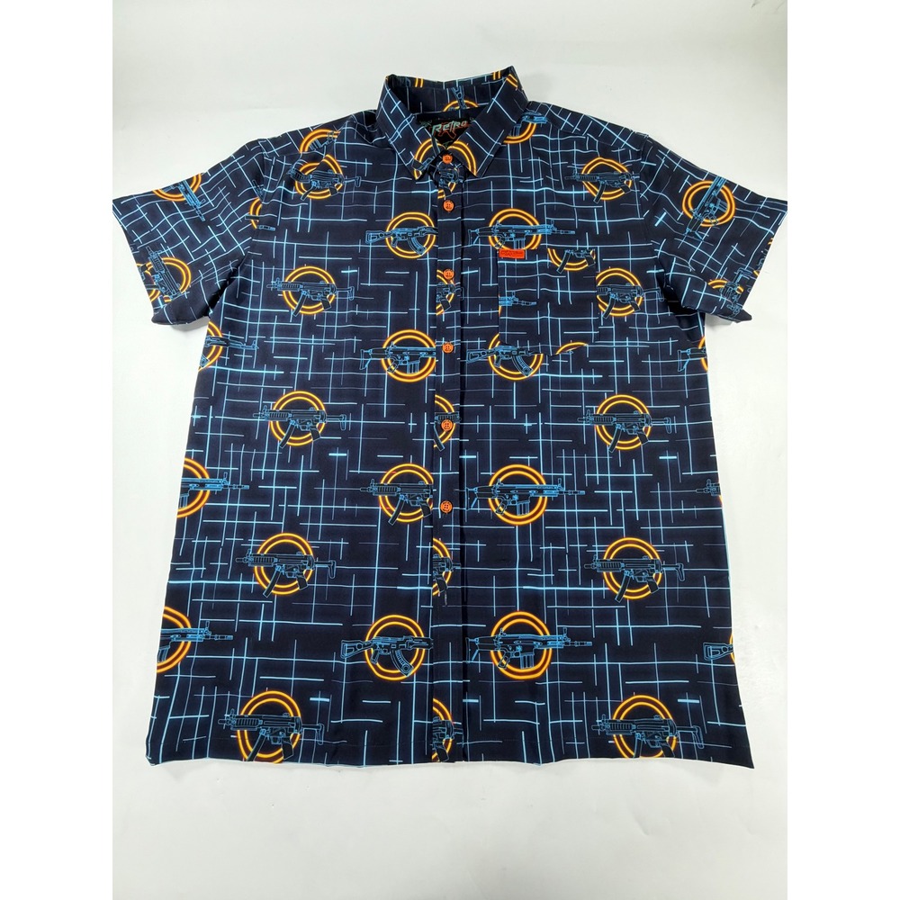 Retro Rifle The Grid Men XL Navy Blue Neon Synthwave Tactical Button Down Shirt